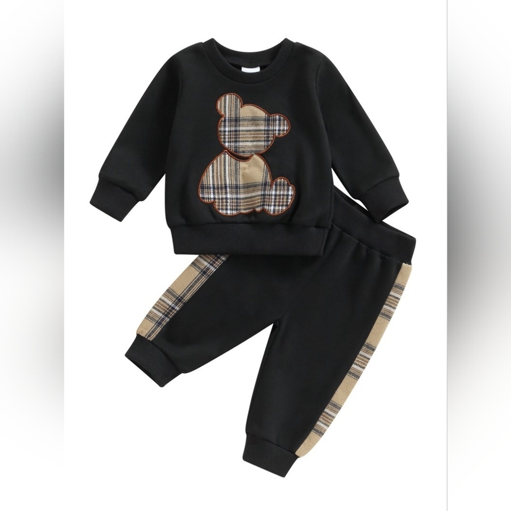 Black Two-Piece Sweatshirt & Jogger Set with Plaid Bear Accent (6-9 Months)